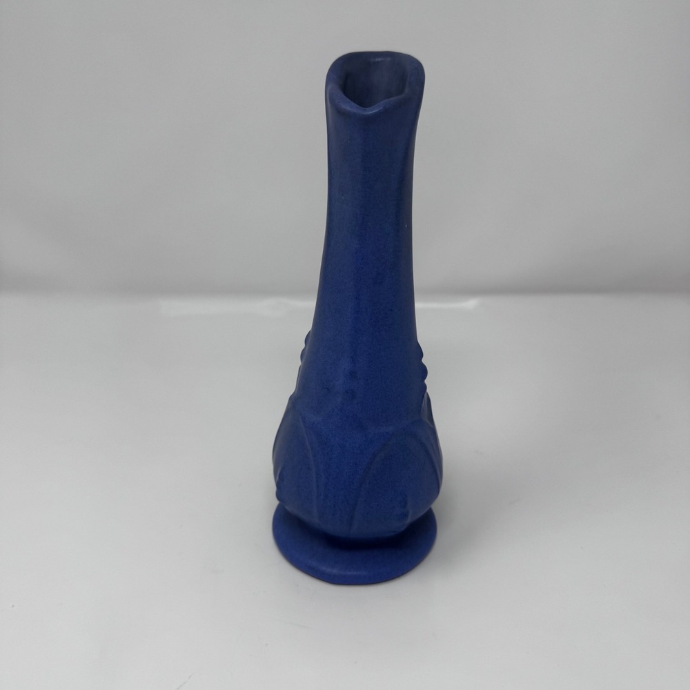 Matte Cobalt Blue Ceramic Bud Vase Art Nouveau Style Embossed Floral 8 Inch - Picture 5 of 8